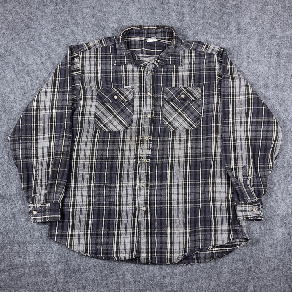 Vtg Carhartt Flannel Shirt Mens XL Grey Black Plaid Distressed Workwear LS